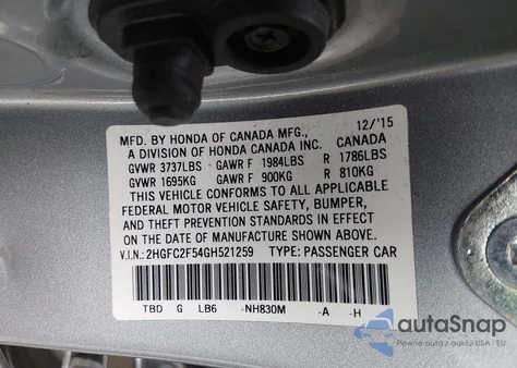 2016 Honda Civic Lx z USA, uszkodzony, nr VIN 2HGFC2F54GH521259